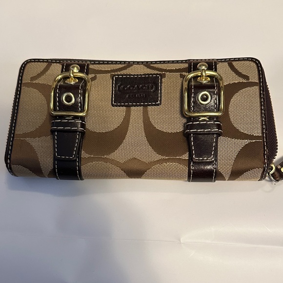 Coach Handbags - Coach Signature Brown and Tan Wallet with Gold Buckles